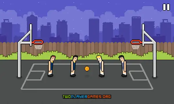 Basket Random Unblocked – Play Free in Browser Basket Random 2 player mode showing both teams competing on same keyboard with characters spread across the basketball court