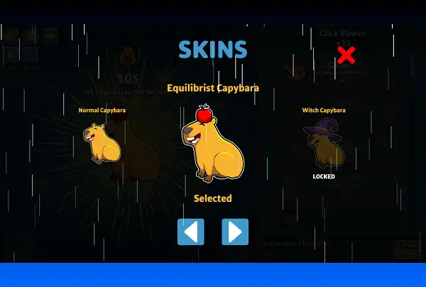 Capybara Clicker Unblocked - Play Free in Browser Capybara Clicker Unblocked Skins Screen