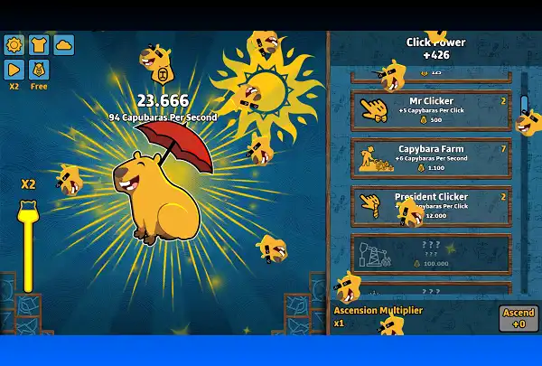 Capybara Clicker Unblocked - Play Free in Browser Mid-game with the Auto Click upgrades running passive income doing the work while you're away