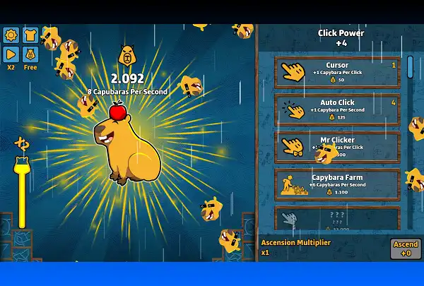 Capybara Clicker Unblocked - Play Free in Browser The upgrade panel unlocks new options as your population grows prioritize Auto Click once you hit 2,000 capybaras